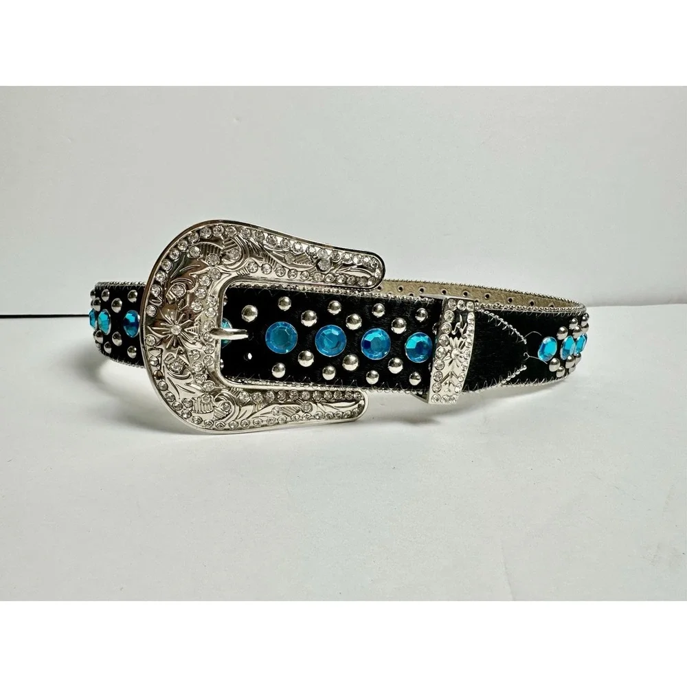 Western Hair On Hide Belt Size 24 Turquoise Studded Rhinestone Silver Buckle